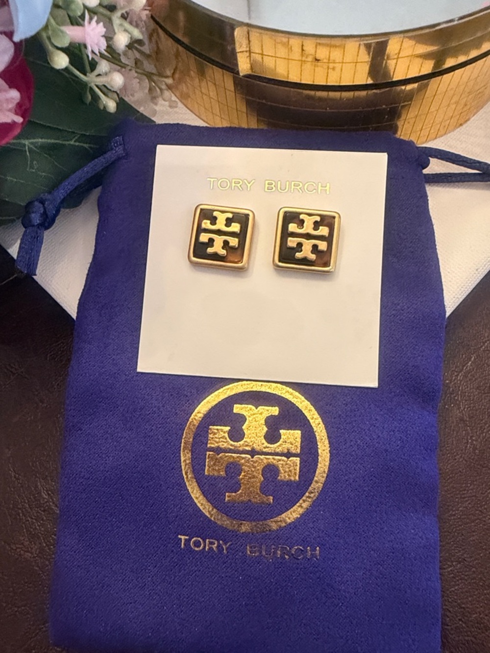 Tory Burch Authentic Gold Logo Square Studs with Tortoiseshell Inset NEW